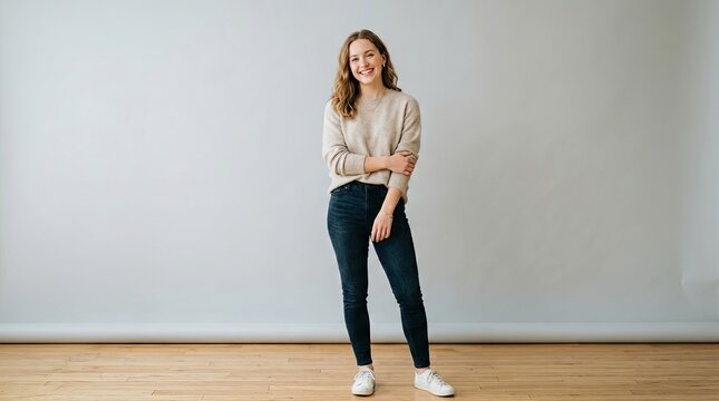 Joyful young woman with a radiant smile and long wavy blonde hair casually dressed in a beige knitted sweater dark wash skinny jeans and white sneakers standing confidently with crossed arms