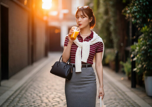 夕暮れの路地でドリンクを飲みながらこちらを見つめる夏服コーデの女性