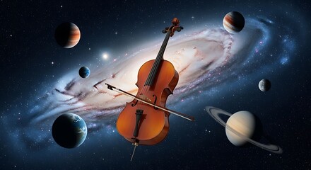 Fototapeta premium Musical cello floating in outer space among planets and a galaxy
