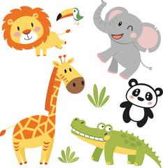 Obraz premium Set of happy cartoon safari animals: lion, giraffe, elephant, panda, crocodile, toucan.