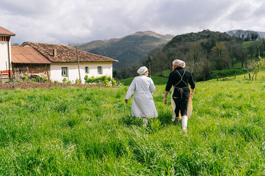 Artisan cheesemakers couple walking through green rural field