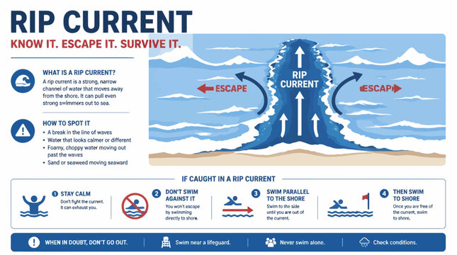 Ocean safety infographic explaining rip current danger and escape methods, vector illustration
