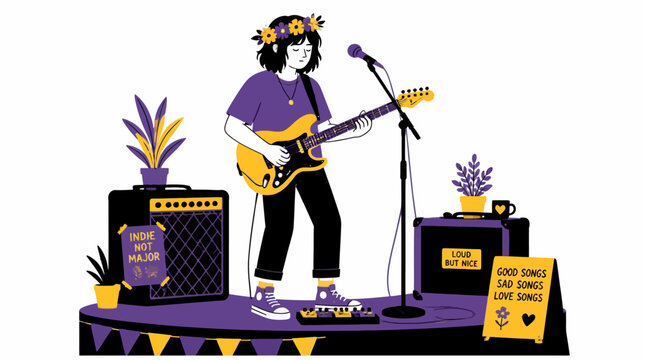 Young musician playing guitar on stage with amps and plants, graphic illustration