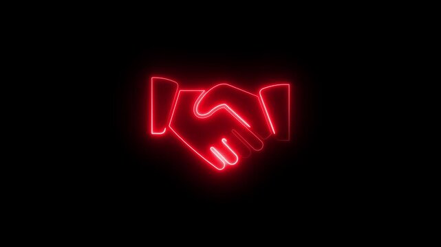 Neon Red Glowing Handshake Icon Animation on Dark Background. Business Partnership, Deal, Agreement, and Collaboration Concept.