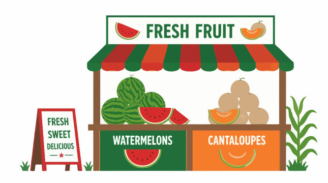 Vector illustration of a fresh fruit stand selling watermelons and cantaloupes with colorful awning and signage.