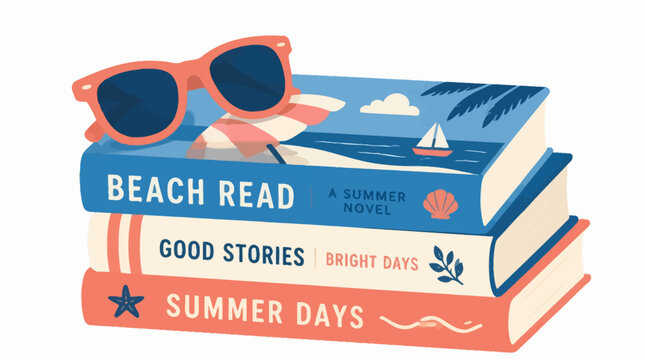 Stack of summer reading books with sunglasses, vector illustration
