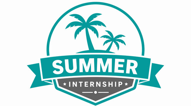 Summer internship badge with palm trees and tropical island icon on white background