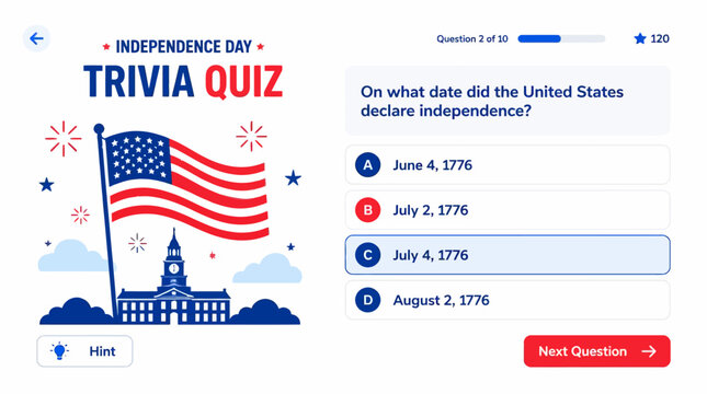 Independence Day trivia quiz with US flag and historical building graphic element