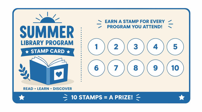 Summer library program stamp card with book and sun graphic element