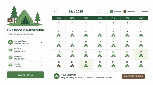 Campground booking interface with calendar and reservation details, flat vector graphic