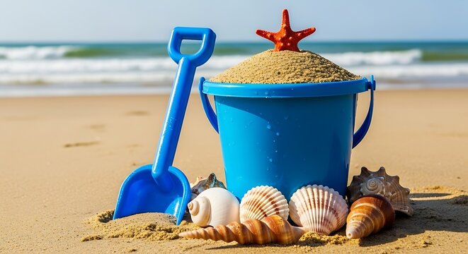 Blue sand bucket and shovel with shells on a sunny beach