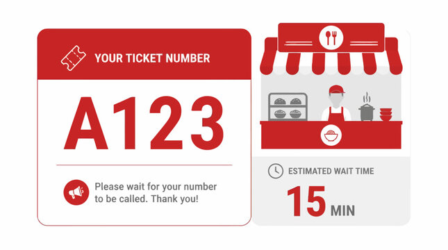 Modern flat design vector illustration of a food stall ticket and waiting time display.