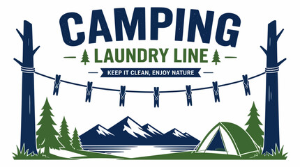 Camping laundry line with trees, mountains, and tent illustration © varla