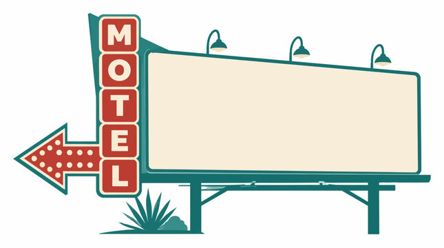 Retro motel sign with blank billboard and arrow, vintage roadside advertising graphic