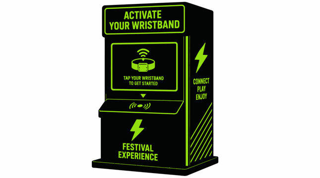 Festival wristband activation kiosk with neon green accents on black background, vector graphic
