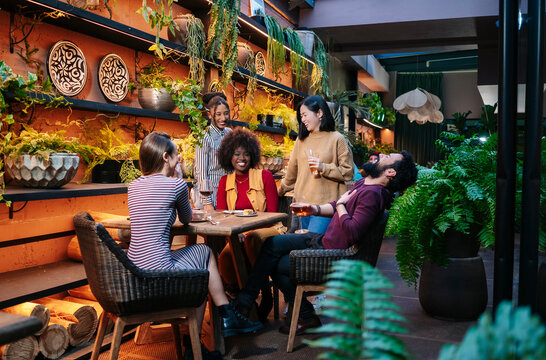 Diverse friends laughing enjoying themselves at restaurant bar