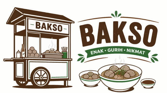 Bakso food cart illustration with bowls of meatballs, graphic element