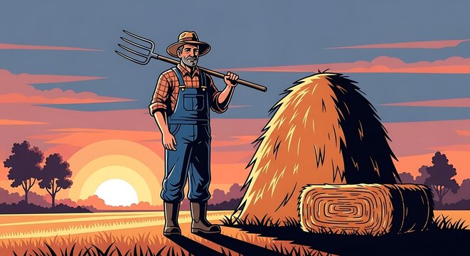 Farmer with pitchfork standing in field by haystacks at sunset
