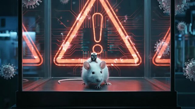 White laboratory rat with brain implant and glowing warning sign in futuristic research lab