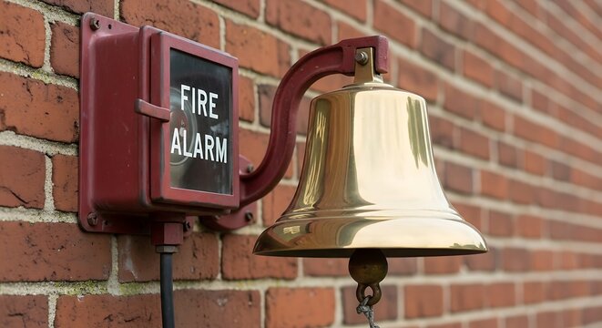Vintage brass fire alarm bell on a red brick wall