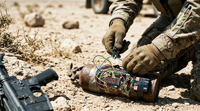 Expert soldier in tactical gear carefully disarming a dangerous explosive device with a timer counting down wires exposed in a harsh desert environment with a rifle nearby intense focus and precision