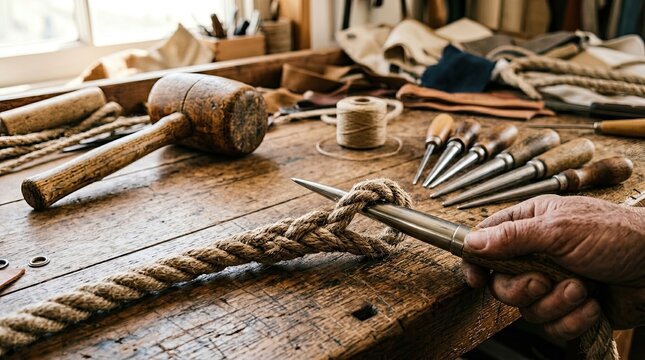 Close up of weathered hands skillfully crafting a sturdy rope knot on a rustic wooden workbench surrounded by traditional mariner tools like mallets and awls bathed in soft natural light evoking