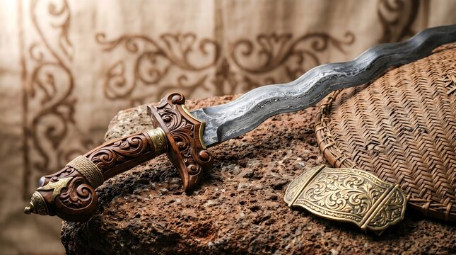 Traditional Southeast Asian Kris Dagger with Carved Handle