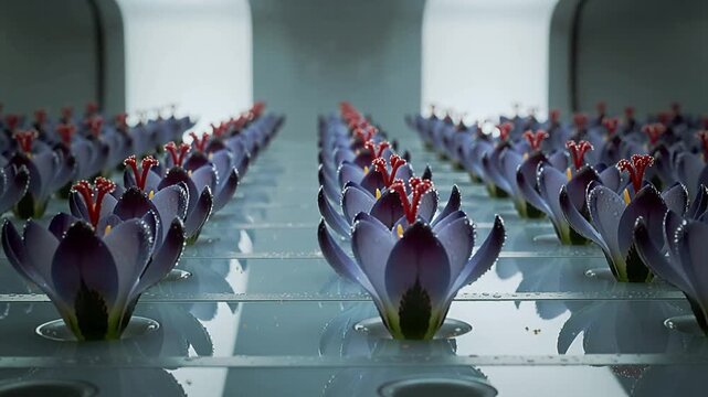 Rows of purple saffron crocus flowers in a hydroponic growing system violet