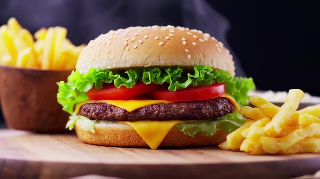 Delicious cheeseburger accompanied by golden french fries and on a wooden board