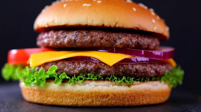 Mouthwatering double cheeseburger with fresh toppings on a dark background showcasing fast food