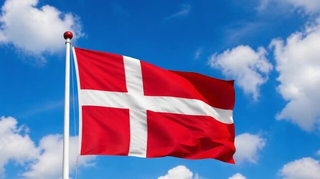 Danish National Flag Waving on Flagpole Constitution Day 3D Animation