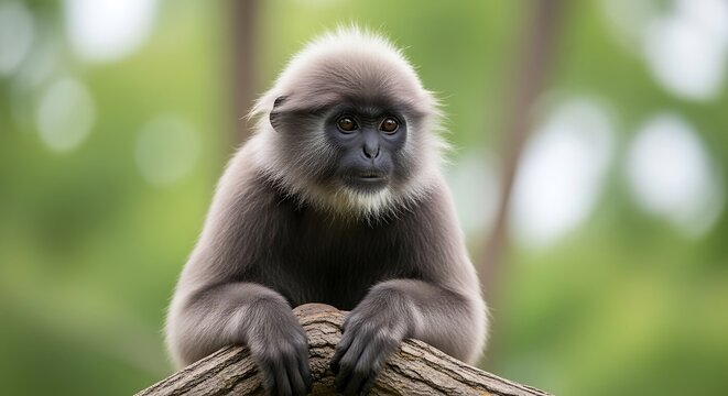 Gray langur monkey resting on a wooden branch in the forest