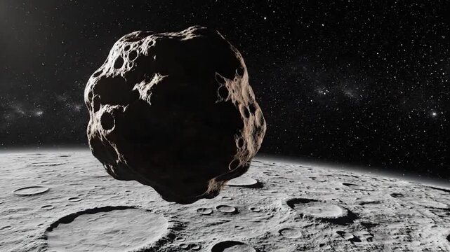 Asteroid approaching a cratered moon surface in deep space with stars