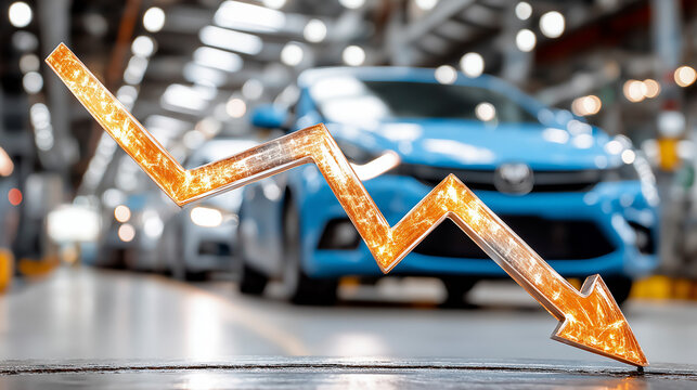 Automotive Industry Downturn: A stark depiction of a declining trend in the automotive sector, with a red downward arrow superimposed over a blurred backdrop of cars on an assembly line.