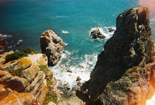 Film Photo of Rocky Cliffs Over Turquoise Ocean, Cabo da Roca