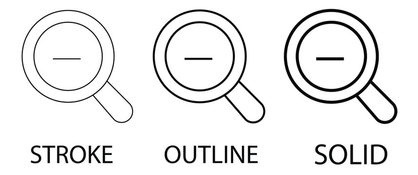 Minimalist zoom out magnifying glass icon set, 3 vector search glass symbols in stroke outline and solid styles, black line interface elements
