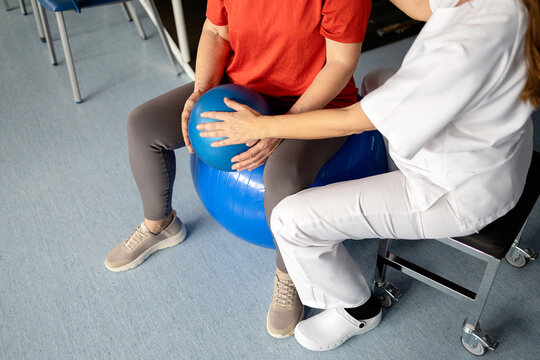 Physiotherapist assisting senior patient with rehabilitation exercises