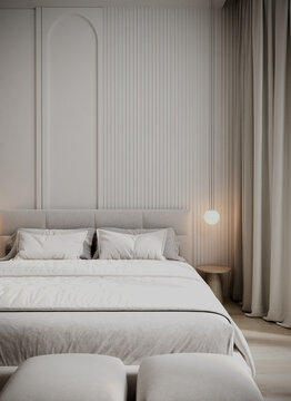 Closeup to bed at hotel room or bedroom home. Cozy minimalistic space