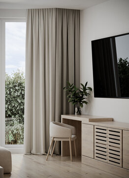 Cozy office area at home or hotel room. Wood desk and chair. TV wall