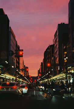 Film Photo of Japanese City Street at Pink Sunset, Kyoto