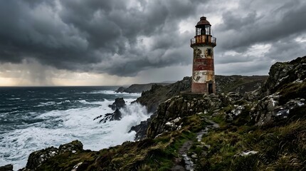 Fototapeta premium Old lighthouse on rocky cliff overlooking stormy ocean outdoor recreation