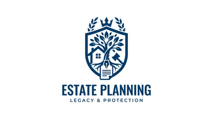 Obraz premium Estate planning logo with shield, tree, house, gavel, and crown