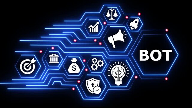 Digital bot concept with glowing neon icons and circuit lines.