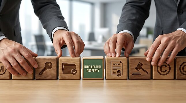 Businessmen's hands arranging wooden blocks representing intellectual property, patent, copyright, and legal rights in office setting.