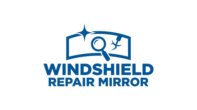 Car windshield repair logo with magnifying glass and starburst
