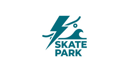 Skate park logo with lightning bolt and wave graphic element on white background © AR99