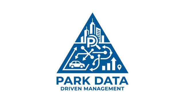 Modern vector logo for park data driven management with city skyline and car icon