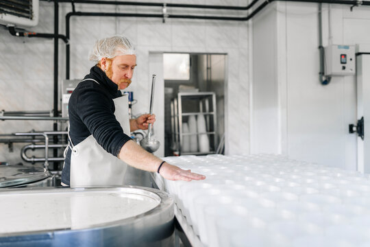 Artisan cheesemaker preparing fresh cheese in dairy factory