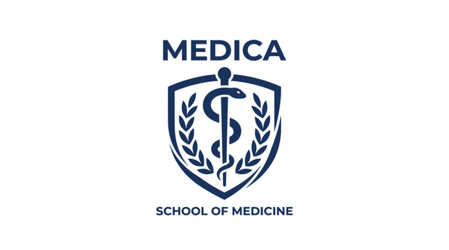 Medical school emblem with caduceus and laurel wreath on white background, graphic element