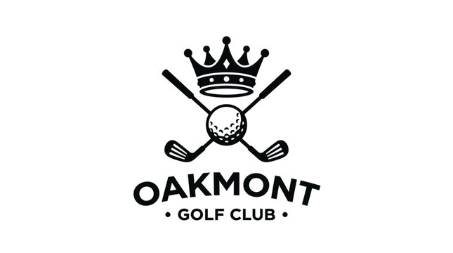 Golf club emblem with crossed clubs, ball, and crown on white background
